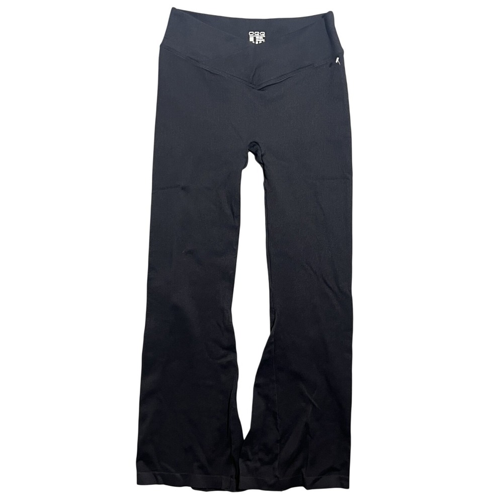QQQ Women's XL Black Ribbed V-Waist‎ Flared Leggings Yoga Pants Activewear